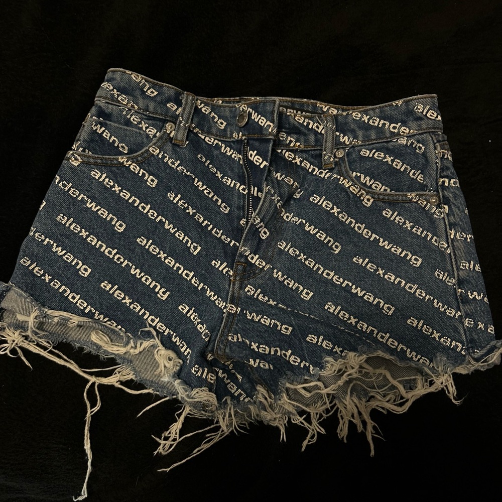 Alexander Wang Navy Logo-Print Distressed Denim Shorts